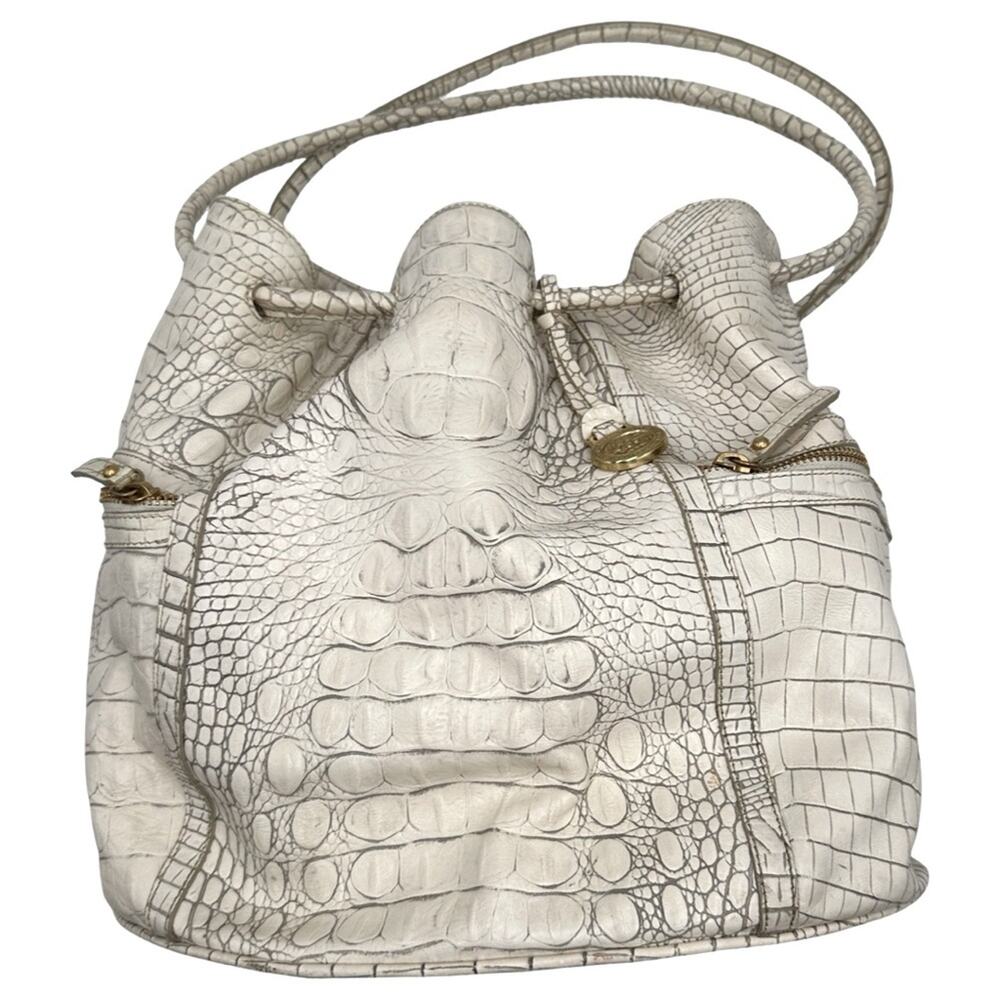 Brahmin Dee Dee Grotto Pearl OffWhite Drawstring Melbourne Croc Embossed Leather